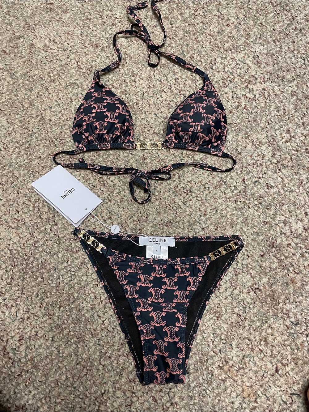 Celine Black Bikini with Pink Triomphe Print and gold logo accents